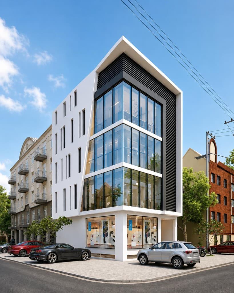 Contemporary corner building with floor-to-ceiling glass