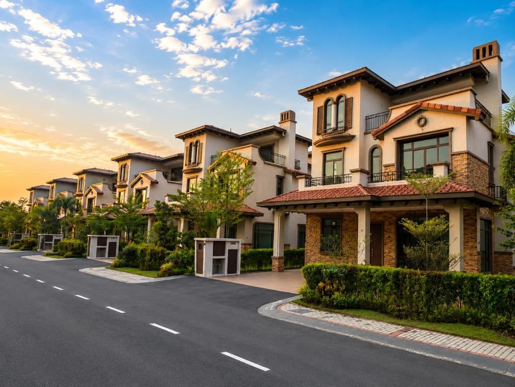 Mediterranean villa street at golden hour